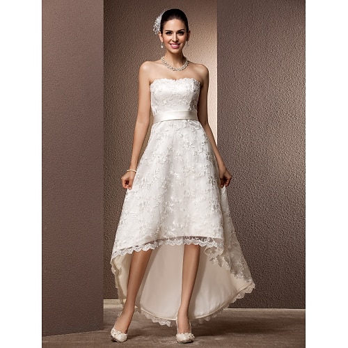 

A-Line Wedding Dresses Sweetheart Neckline Asymmetrical Lace Strapless Little White Dress with Sash / Ribbon 2022
