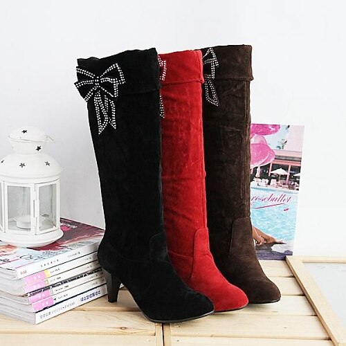 Women's Cone Heel Bowknot Suede 35.56-40.64 cm / Mid-Calf Boots Fall / Winter Black / Red / Brown