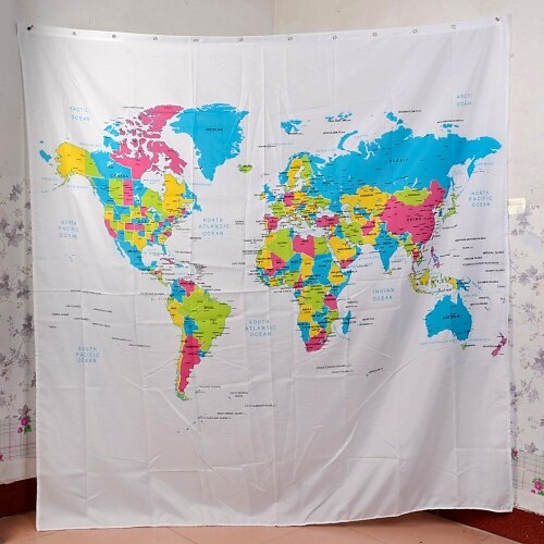 וילון Vina "המפה של העולם" יצירתי מקלחת האמבטיה דקרון הסגנון אירופאית - לבן + כחול