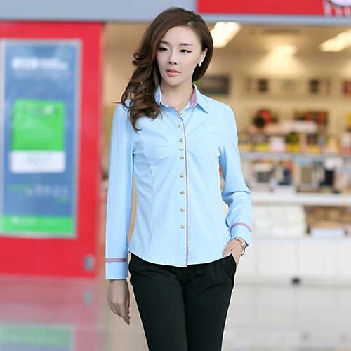 Women's Solid Blue/White Shirt , Shirt Collar Long Sleeve