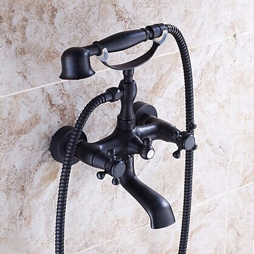 Bathtub Faucet - Traditional Oil-rubbed Bronze Wall Mounted Ceramic Valve Bath Shower Mixer Taps / Two Handles Two Holes