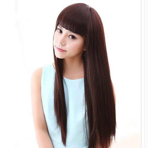 Synthetic Wig Straight Style With Bangs Capless Wig Dark Brown Natural Black Chestnut Brown Synthetic Hair 27 inch Women's Wig