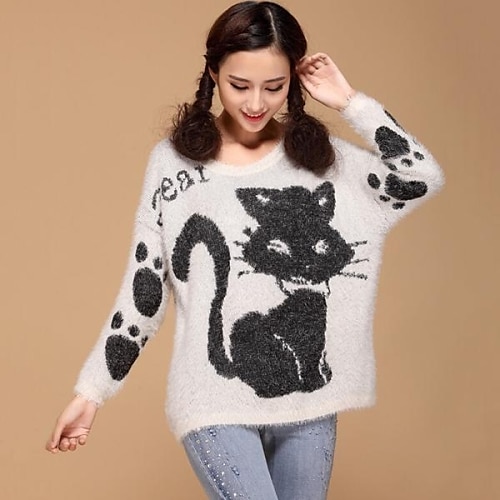 女性のラウンドカラーの猫のセーター
