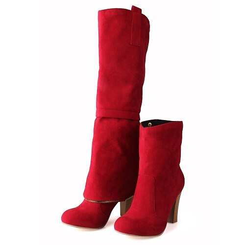 Women's Spring Fall Winter Fashion Boots Fleece Dress Chunky Heel Black Brown Red Gray