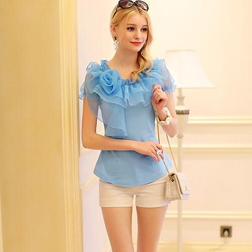 Going out Cute Blouse-Solid Colored,Flower Ruffle Ruched