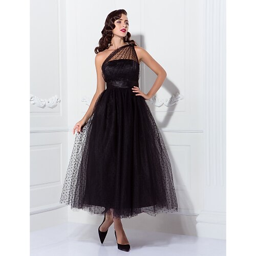 

A-Line Vintage Cocktail Party Prom Dress One Shoulder Sleeveless Ankle Length Tulle with Pleats Pattern / Print 2022