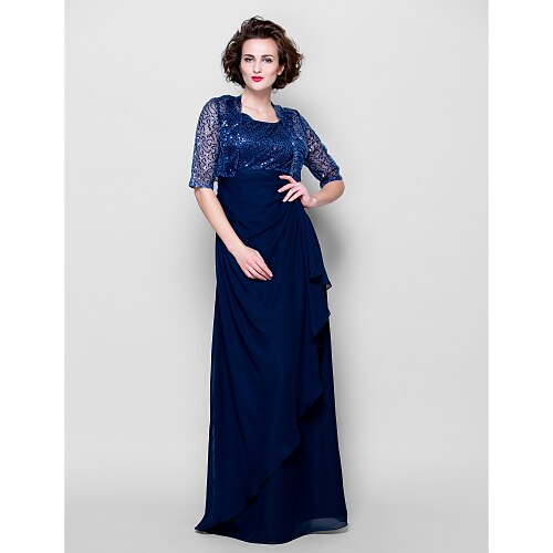 

Sheath / Column Mother of the Bride Dress Wrap Included Jewel Neck Floor Length Chiffon Half Sleeve with Sequin 2022 / Illusion Sleeve