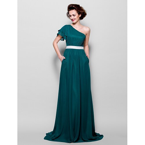 

A-Line Bridesmaid Dress One Shoulder Short Sleeve Sweep / Brush Train Chiffon with Sash / Ribbon / Crystals / Pocket 2022