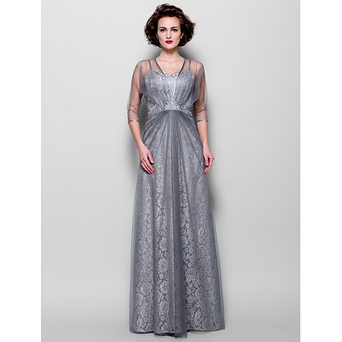 

A-Line Mother of the Bride Dress See Through Spaghetti Strap Floor Length Lace Tulle 3/4 Length Sleeve with Beading 2022 / Illusion Sleeve