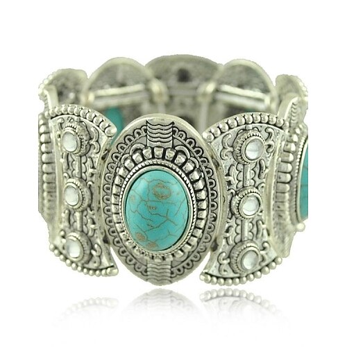 Trendy Tibetan Silver Jewelry Metal Carving Turquoise Crystal Wide Bangles & Bracelets