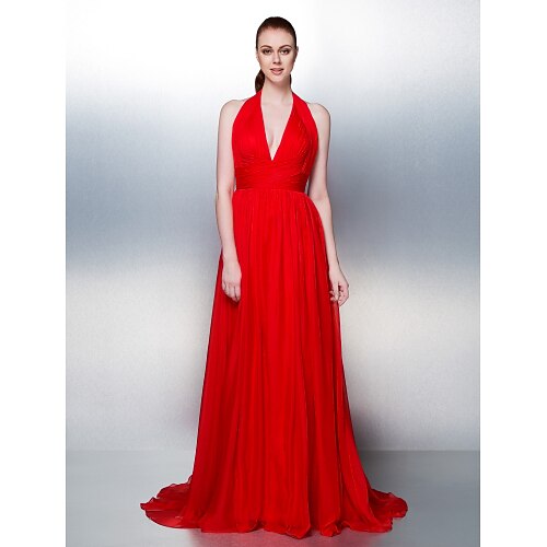 

Ball Gown Beautiful Back Dress Formal Evening Court Train Sleeveless Halter Neck Chiffon with Criss Cross Draping 2022