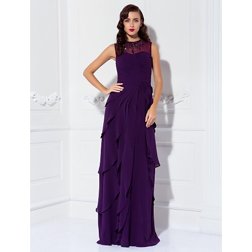 

Sheath / Column Mother of the Bride Dress Jewel Neck Floor Length Georgette Sleeveless with Criss Cross Ruched Beading 2022