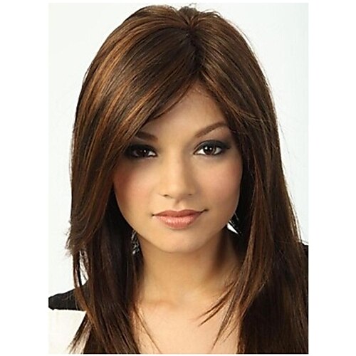 Synthetic Wig Straight Style With Bangs Capless Wig Brown Synthetic Hair 15 inch Women's Highlighted / Balayage Hair / With Bangs Brown Wig Long Natural Wigs