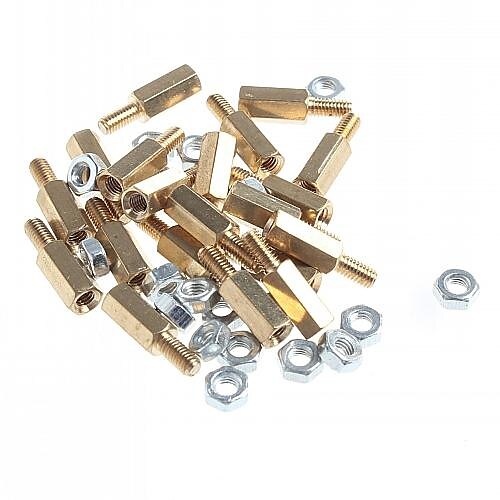 Brass Threaded Stand-Off Hex Screw Pillars with Nuts (M3 x 10mm + 6 / 20-Piece)