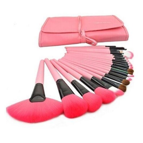 24Pcs Roll Up Case Cosmetic Brushes Kits Pro Wooden Handle Makeup Brushes Tools (Pink)