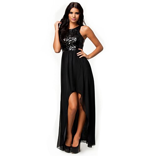 שמלה מזדמן Vintage Tapuluo אופנה הקיץ השחור Asymetrical בנות חיננית שרוול קצר שיפון מקסי שמלה עם נצנצים 9099