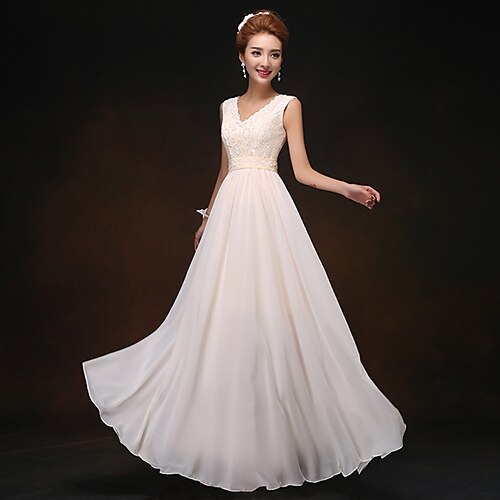 Sheath / Column V Neck Floor Length Chiffon Bridesmaid Dress with Lace