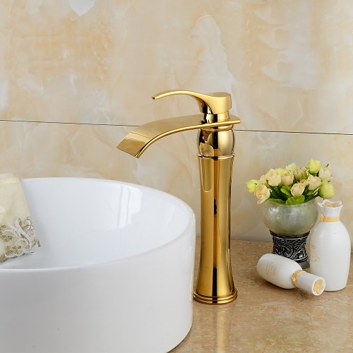 

Brass Bathroom Sink Faucet,Waterfall Ti-PVD Widespread Single Handle One Hole Bath Taps with Hot and Cold Switch and Ceramic Valve