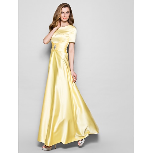 

A-Line Mother of the Bride Dress Vintage Plus Size Elegant Jewel Neck Floor Length Satin Short Sleeve with Sash / Ribbon Ruched Crystals 2022