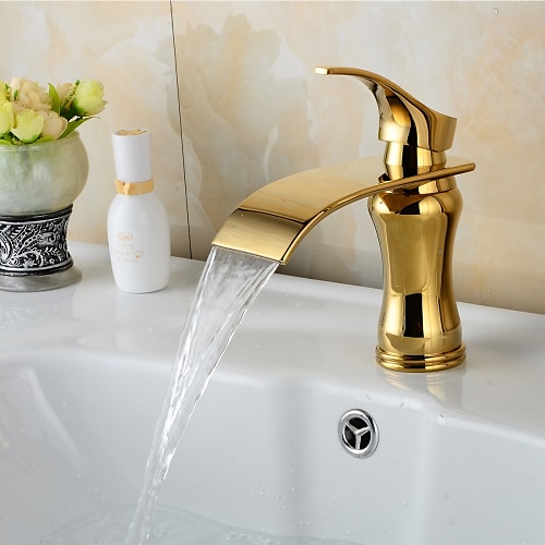 

Brass Bathroom Sink Faucet,Waterfall Ti-PVD Centerset Single Handle One Hole Bath Taps with Zinc Alloy Handle,Hot and Cold Switch and Ceramic Valve