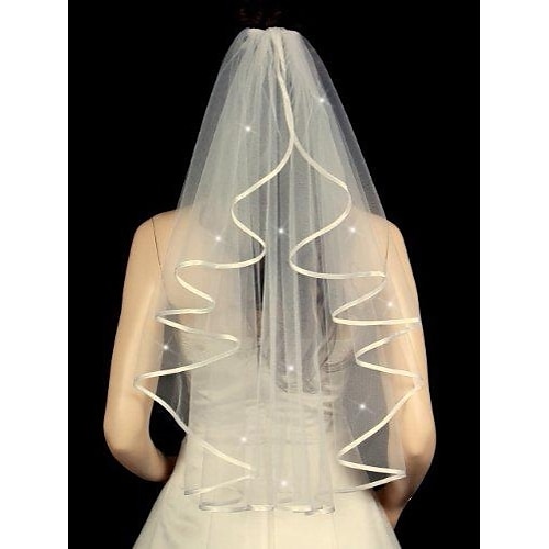 

One-tier Ribbon Edge / Beaded Edge Wedding Veil Elbow Veils with Scattered Crystals Style 31.5 in (80cm) Tulle