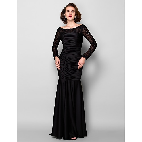 

Sheath / Column Mother of the Bride Dress Beautiful Back Jewel Neck Sweep / Brush Train Lace Jersey Long Sleeve with Lace Ruched Beading 2022