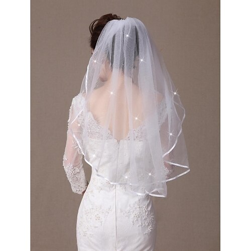 

One-tier Ribbon Edge / Beaded Edge Wedding Veil Elbow Veils with Scattered Crystals Style 31.5 in (80cm) Tulle