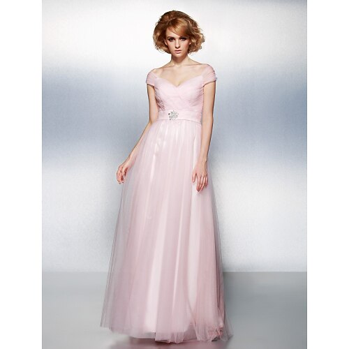 

Ball Gown Open Back Dress Prom Floor Length Short Sleeve Off Shoulder Tulle with Sash / Ribbon Criss Cross Ruched 2022 / Formal Evening