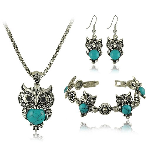New Owl Jewelry Sets Tibetan Vintage Silver Retro Turquoise Stone Pendant Necklace drop earrings Charm bracelet Set