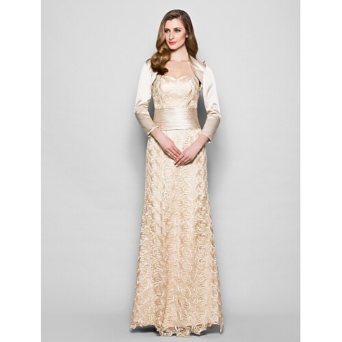 

Sheath / Column Mother of the Bride Dress Wrap Included Sweetheart Neckline Floor Length Satin Lace 3/4 Length Sleeve with Sash / Ribbon Ruched 2022