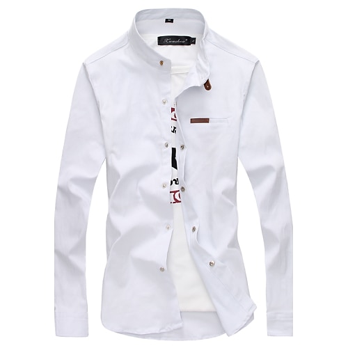 Men's Shirt Solid Colored Standing Collar Wine White Black Green Yellow Long Sleeve Plus Size Daily Tops Cotton / Spring / Fall