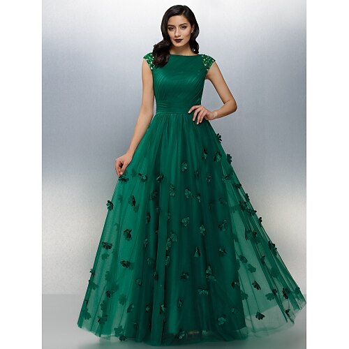 

A-Line Floral Prom Formal Evening Dress Boat Neck Short Sleeve Floor Length Tulle with Crystals Appliques 2022