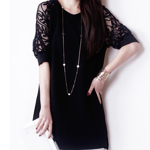 Γυναικεία Φόρεμα ριχτό Μίνι φόρεμα Μαύρο Μονόχρωμο Δαντέλα Άνοιξη Καλοκαίρι Στρογγυλή Λαιμόκοψη Εκλεπτυσμένο L XL
