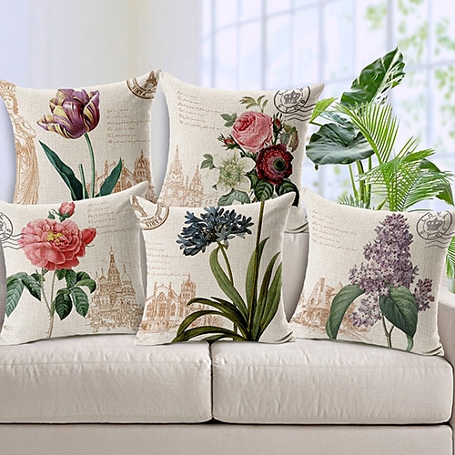 5 db dekoratív párnahuzat kanapéhoz, kanapéhoz vagy ágyhoz, modern minőségi design levelek virágos vidéki pamut / művászon díszpárnahuzat kanapéhoz kanapéágy székhez