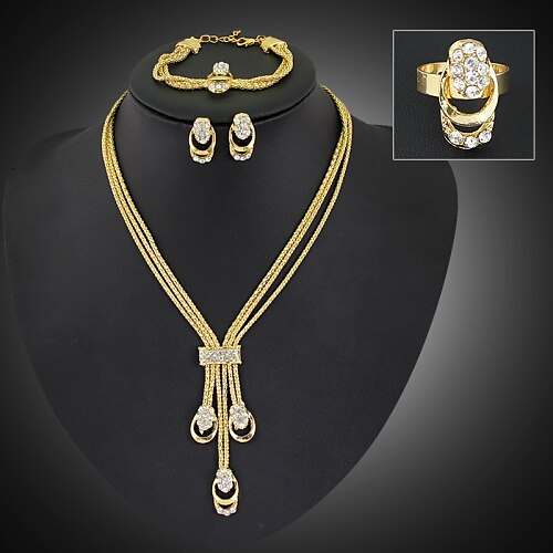 Lucky Doll Women's Luxury Gem 18K Gold Plated Necklace & Earrings & Bracelet & Ring Suit