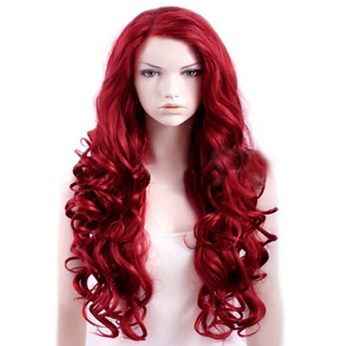 syntetisk parykk krøllet sidedel parykk langt rødt syntetisk hår kvinners høykvalitets rød halloween-parykk