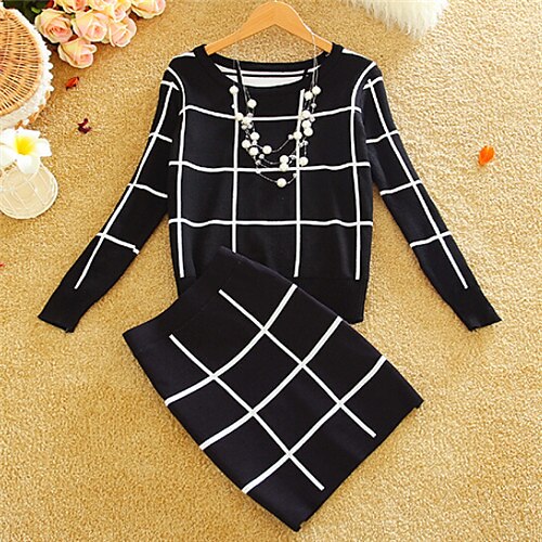 Women's Casual / Daily Vintage Check Long Sleeve Regular Dress, Round Neck Winter Cotton Black / Red / Blue / Bodycon
