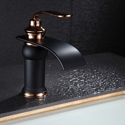

Brass Bathroom Sink Faucet,Gloden Single Handle One Hole Waterfall Oil-rubbed Bronze Widespread Bath Taps with Hot and Cold Water