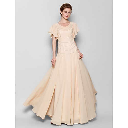 

Sheath / Column Mother of the Bride Dress Elegant Scoop Neck Floor Length Chiffon Short Sleeve with Pearls 2022