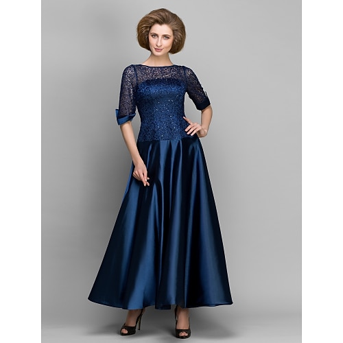 

A-Line Mother of the Bride Dress See Through Bateau Neck Ankle Length Satin Half Sleeve with Lace Pleats 2022