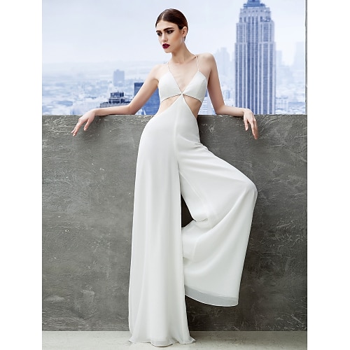 

Jumpsuits Sheath / Column Celebrity Style Prom Formal Evening Dress Spaghetti Strap Sleeveless Floor Length Chiffon with Pleats 2022