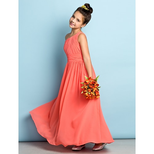 

A-Line Ankle Length One Shoulder Chiffon Junior Bridesmaid Dresses&Gowns With Side Draping Wedding Party Dresses 4-16 Year