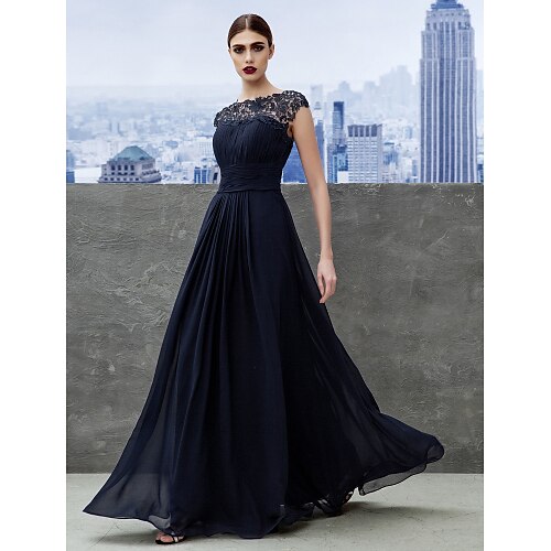 

Linea-A Vestiti da sera Stile impero Vestito Invitati del matrimonio Lungo Manica corta A barca Chiffon con Con ruche Inserti di pizzo 2023