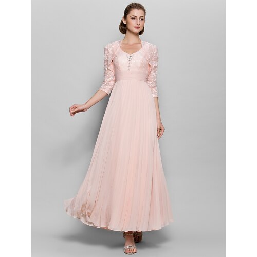 

A-Line Mother of the Bride Dress Convertible Dress Sweetheart Neckline Ankle Length Chiffon Lace Bodice 3/4 Length Sleeve with Lace Ruched Sequin 2022