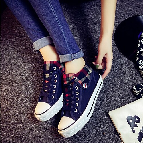 Women's Shoes Plaid Canvas Flat Heel Round Toe Student Fashion Sneakers Outdoor / Casual