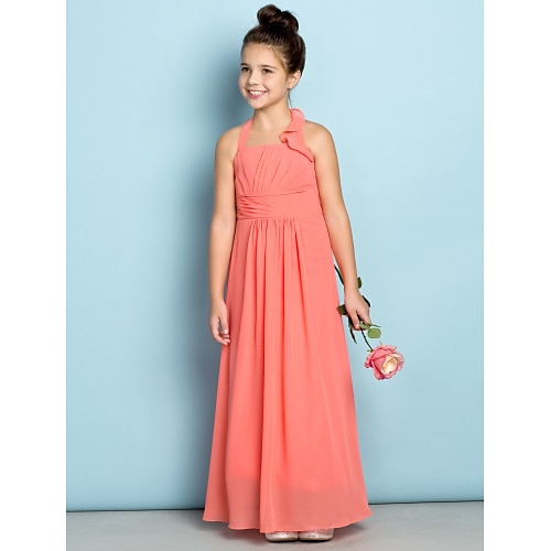 

Sheath / Column Ankle Length Halter Neck Chiffon Junior Bridesmaid Dresses&Gowns With Side Draping Wedding Party Dresses 4-16 Year