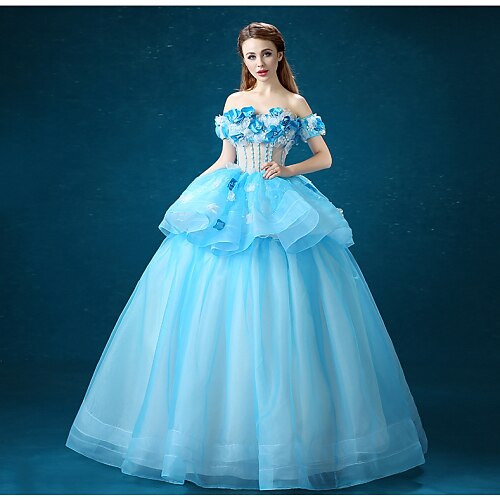 

Ball Gown Dress Formal Evening Floor Length Off Shoulder Organza with Appliques Flower 2022