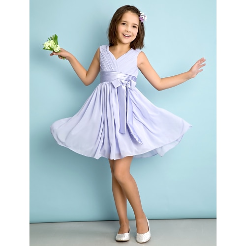 

A-Line Knee Length V Neck Chiffon Junior Bridesmaid Dresses&Gowns With Bow(s) Wedding Party Dresses 4-16 Year