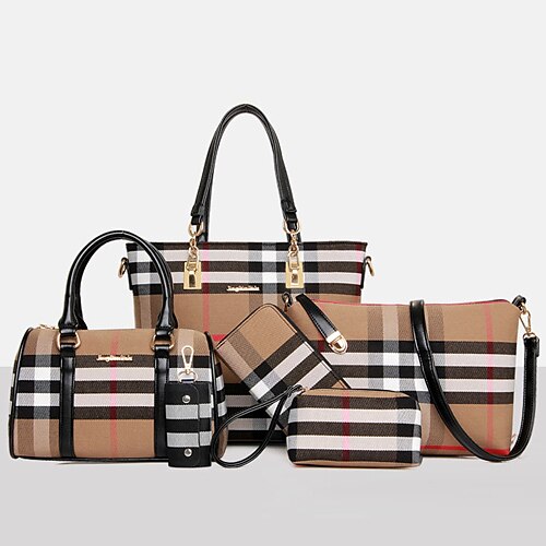 Women's Bags PU(Polyurethane) Tote / Satchel / Clutch Plaid Black / Red / Blue