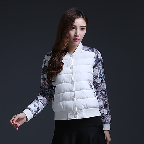 

Padded Puffer Jacket Winter Regular Coat Jacket Long Sleeve Print Patchwork White / Lined